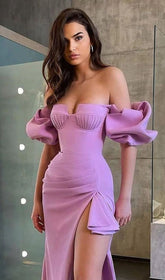 Robe mi-longue à bandes fendues et à manches drapées sans bretelles